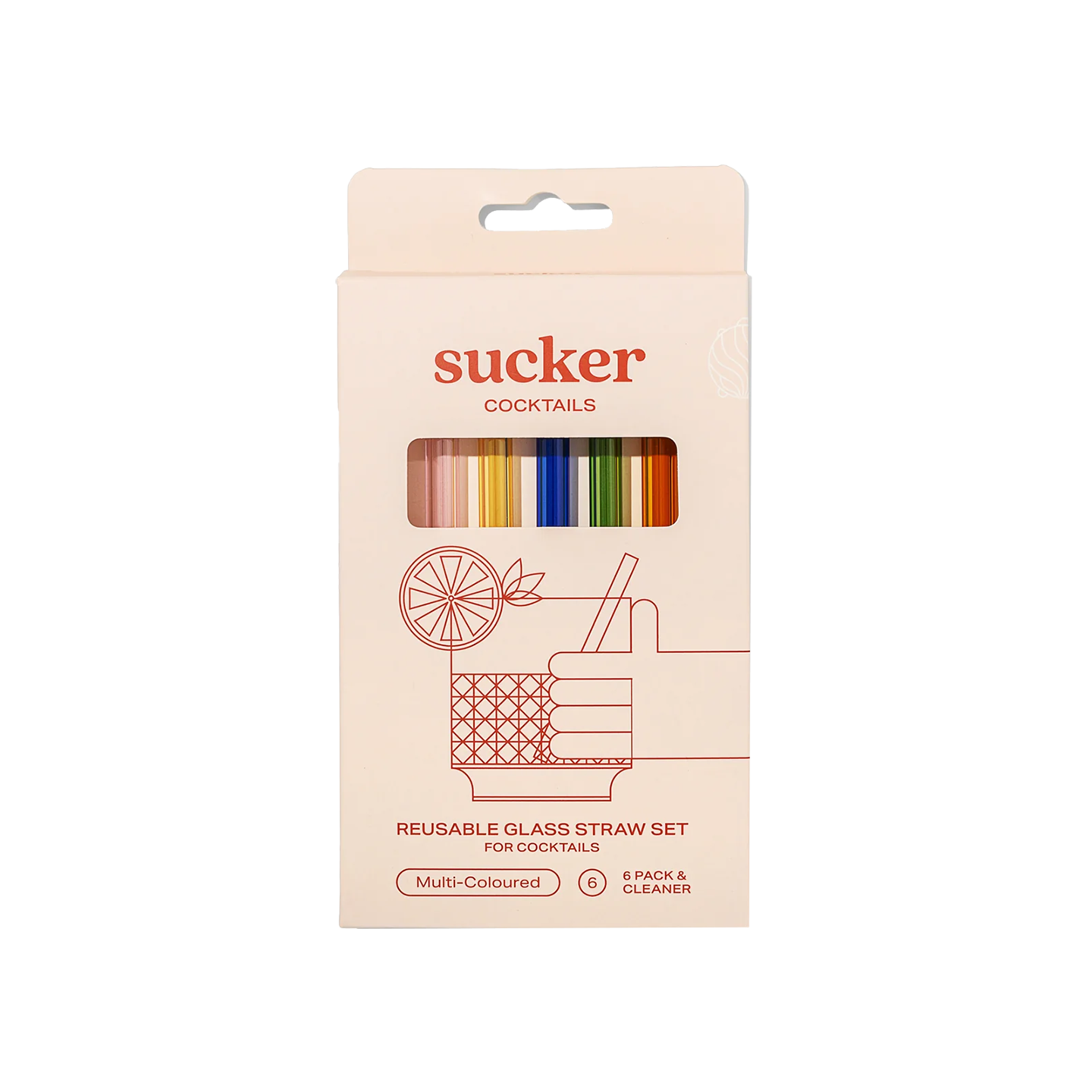 Cocktail coloured glass drinking straw set (6)