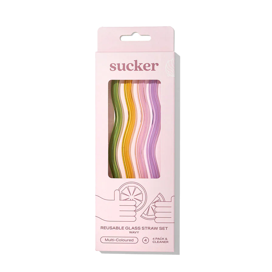 Wavy coloured glass drinking straw set (4)