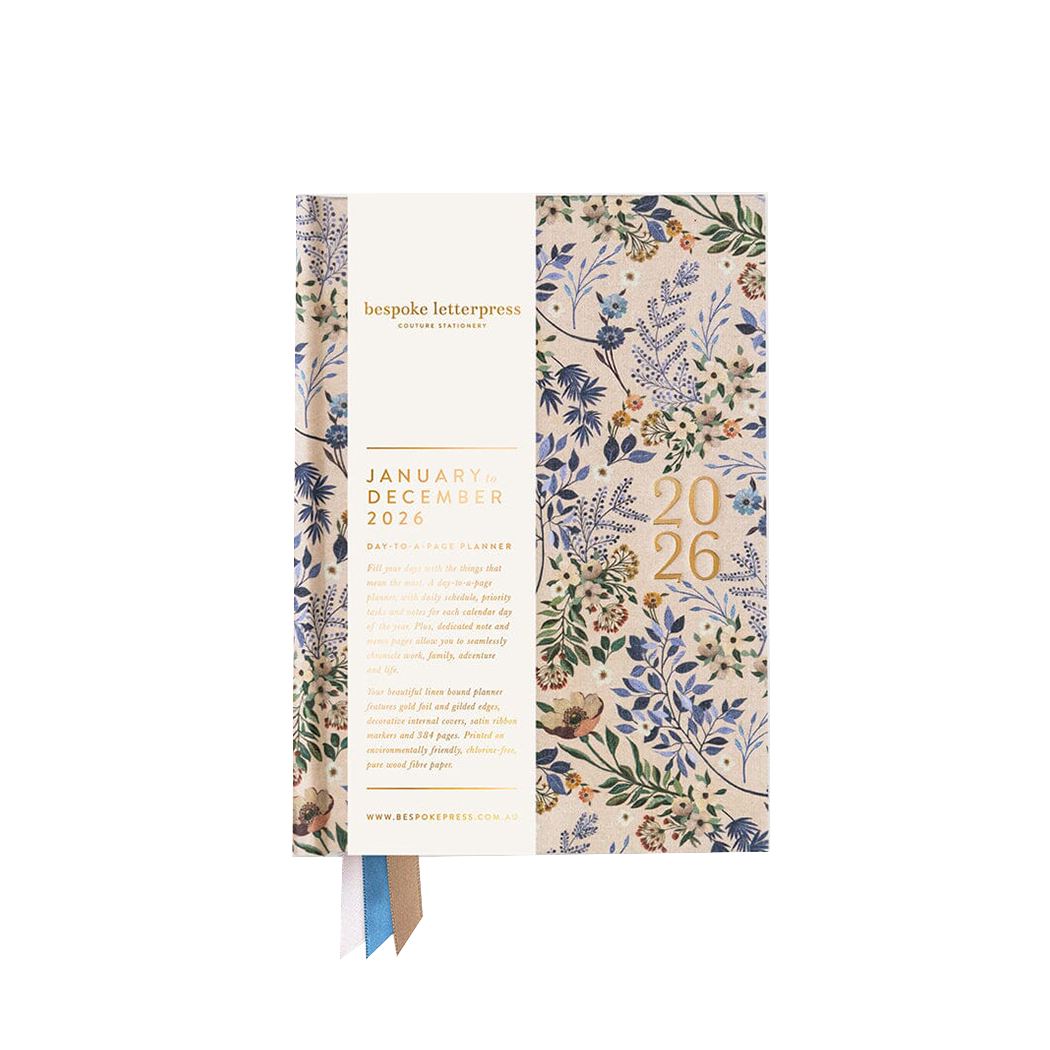 2026 linen bound planner day to a page - blue buds