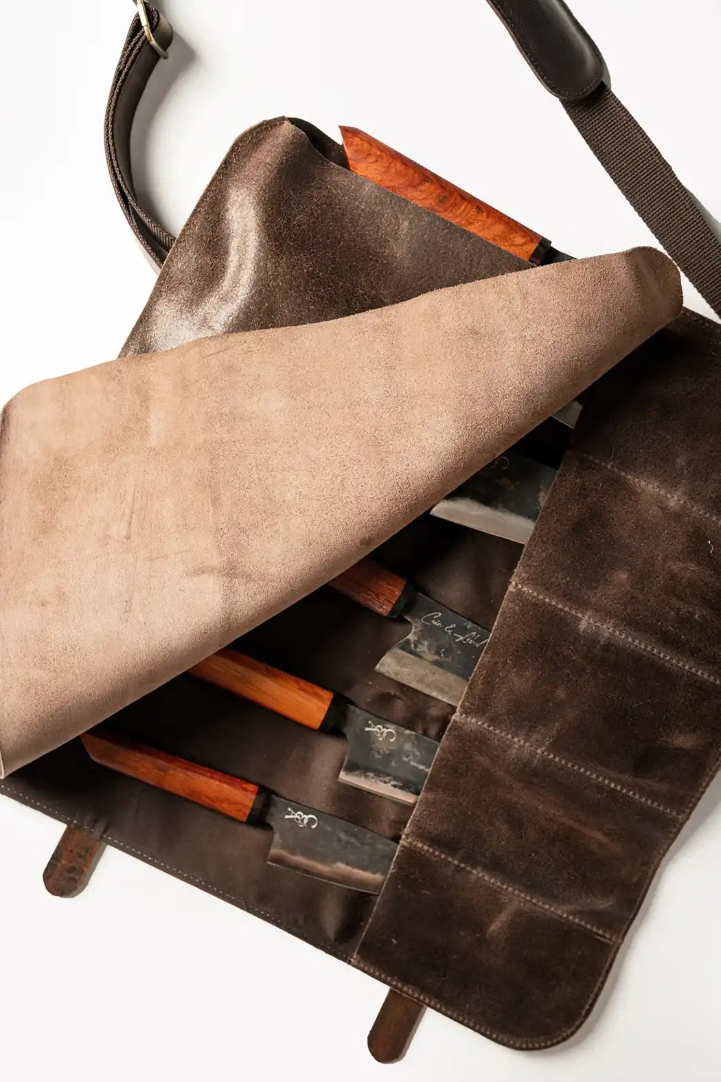 Leather six knife roll chocolate brown