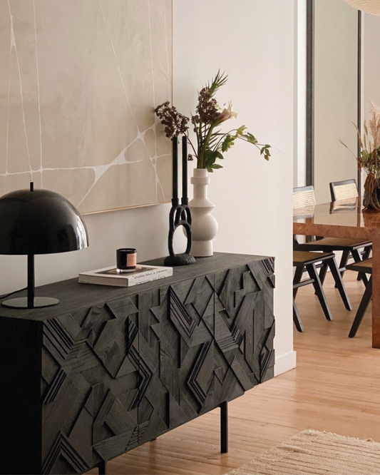 Teak geometric 3-door sideboard 168cm black