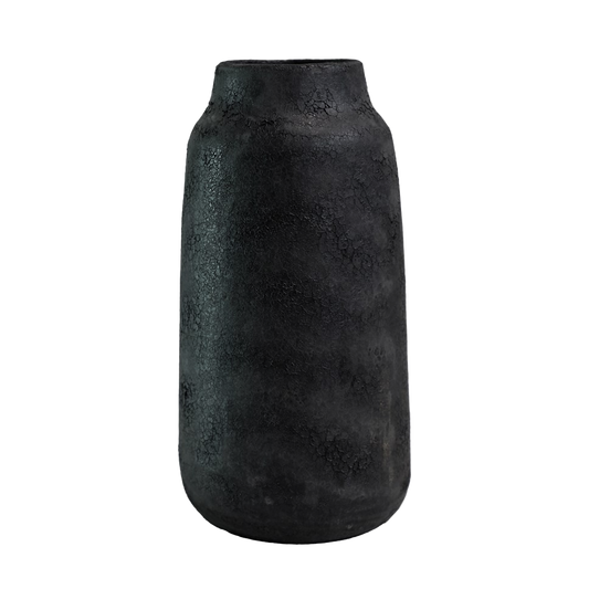 Aged earthenware tall wide mouth vessel black 37cm