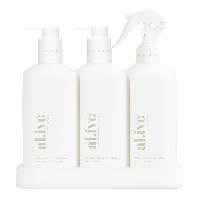 Al.ive kitchen hand wash + dish wash + bench spray trio lemon myrtle & honeydew