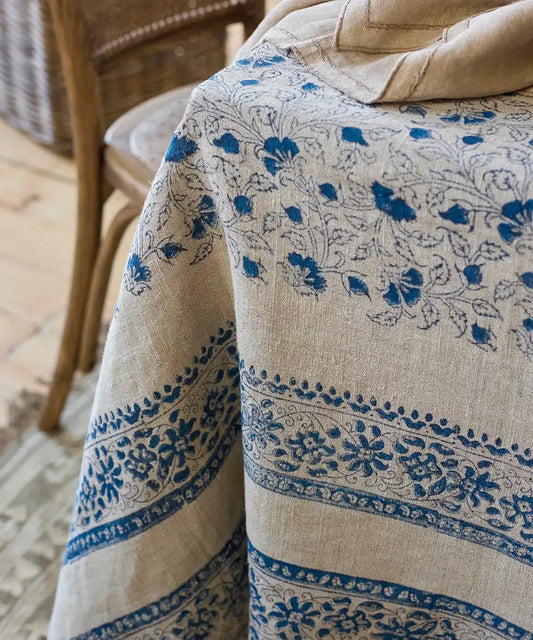 Amelie block print heavy linen tablecloth 320cm