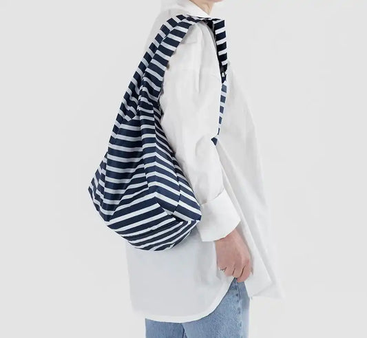 Baggu reusable bag in pouch navy stripe