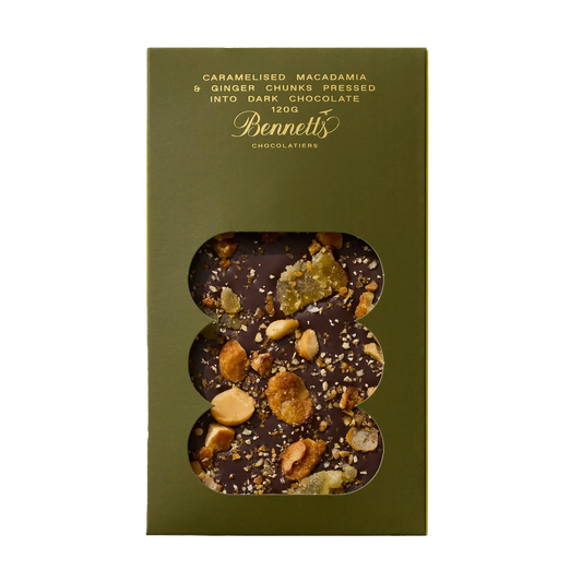 Bennetts macadamia and ginger Chocolate bar dark