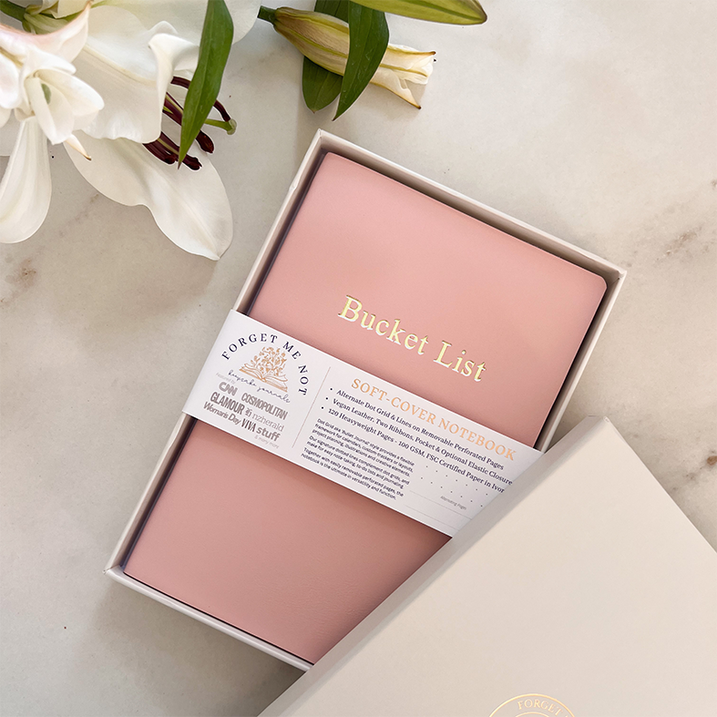 Bucket List A5 notebook with vegan leather cover dusty pink