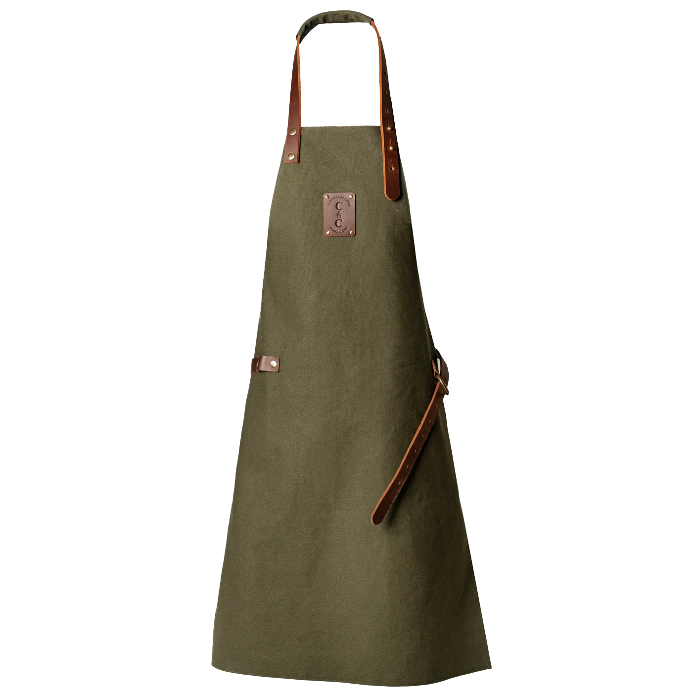 Olive canvas apron with brown leather trim