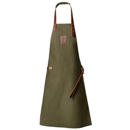 Olive canvas apron with brown leather trim