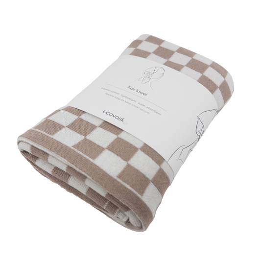 Organic cotton hair towel hummus check