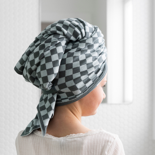 Organic cotton hair towel hummus check