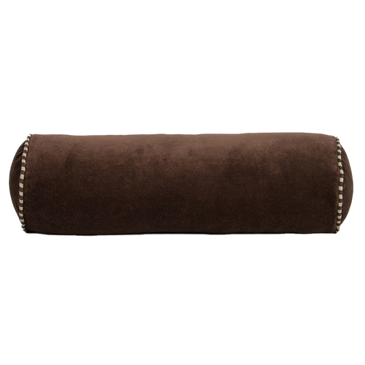 Edward velvet bolster cushion with striped piping 50cm chocolate