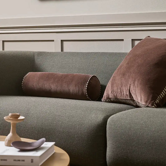 Edward velvet bolster cushion with striped piping 50cm chocolate