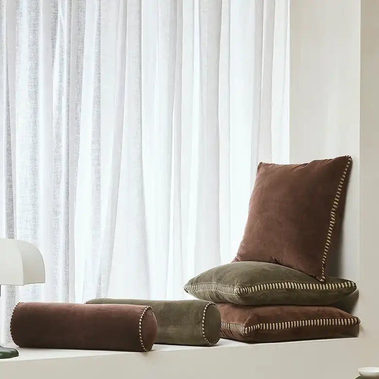 Edward velvet bolster cushion with striped piping 50cm chocolate