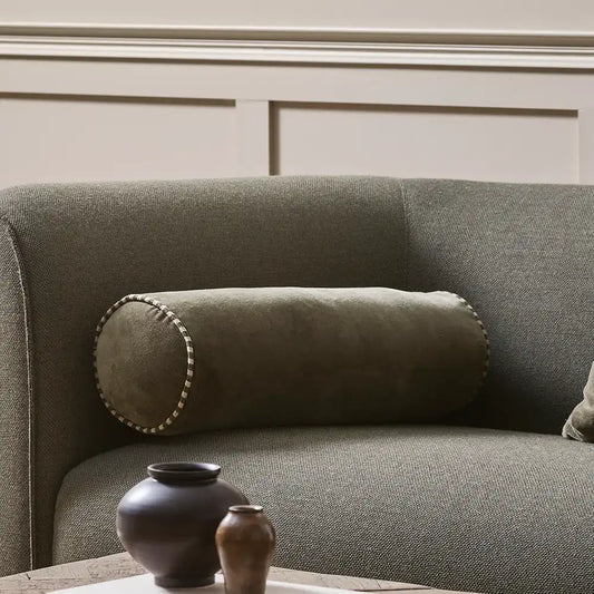 Edward velvet bolster cushion with striped piping 50cm thyme