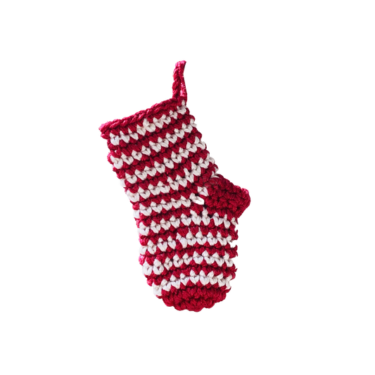 Fairtrade mini knit Christmas stocking deco red stripe 8cm
