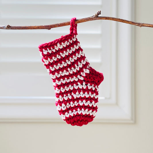 Fairtrade mini knit Christmas stocking deco red stripe 8cm
