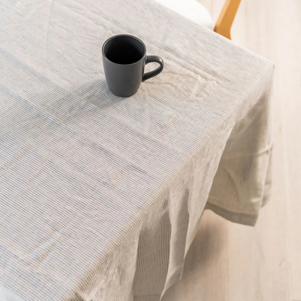 French flax linen tablecloth 270cm charcoal pinstripe