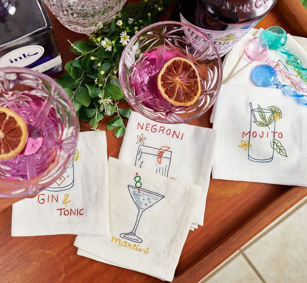 Gin & tonic hand embroidered cotton cocktail napkin