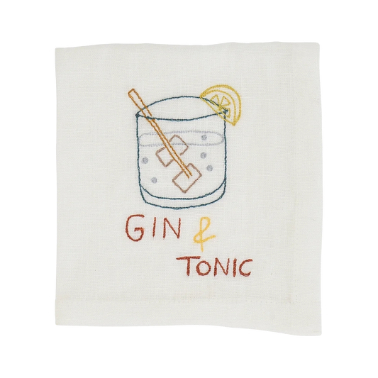 Gin & tonic hand embroidered cotton cocktail napkin