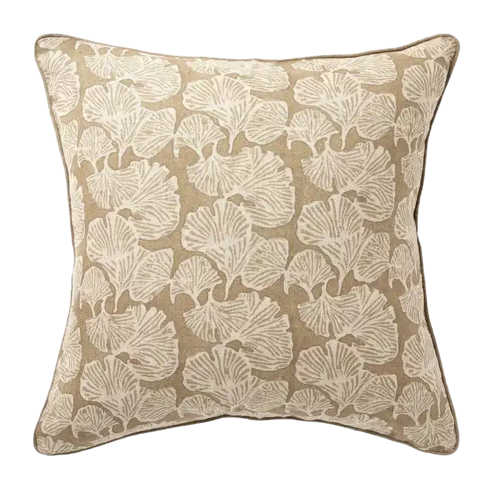 Ginkgo block printed linen cushion cover 50cm mocha