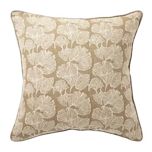 Ginkgo block printed linen cushion cover 50cm mocha