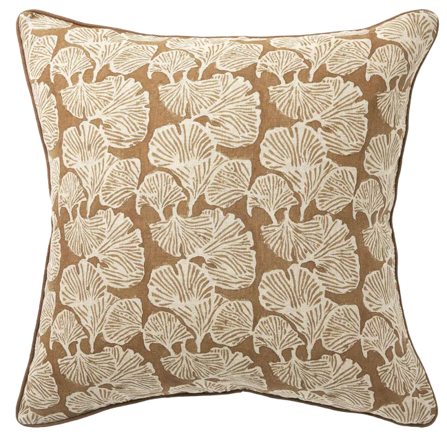 Ginkgo block printed linen cushion cover 50cm bronze