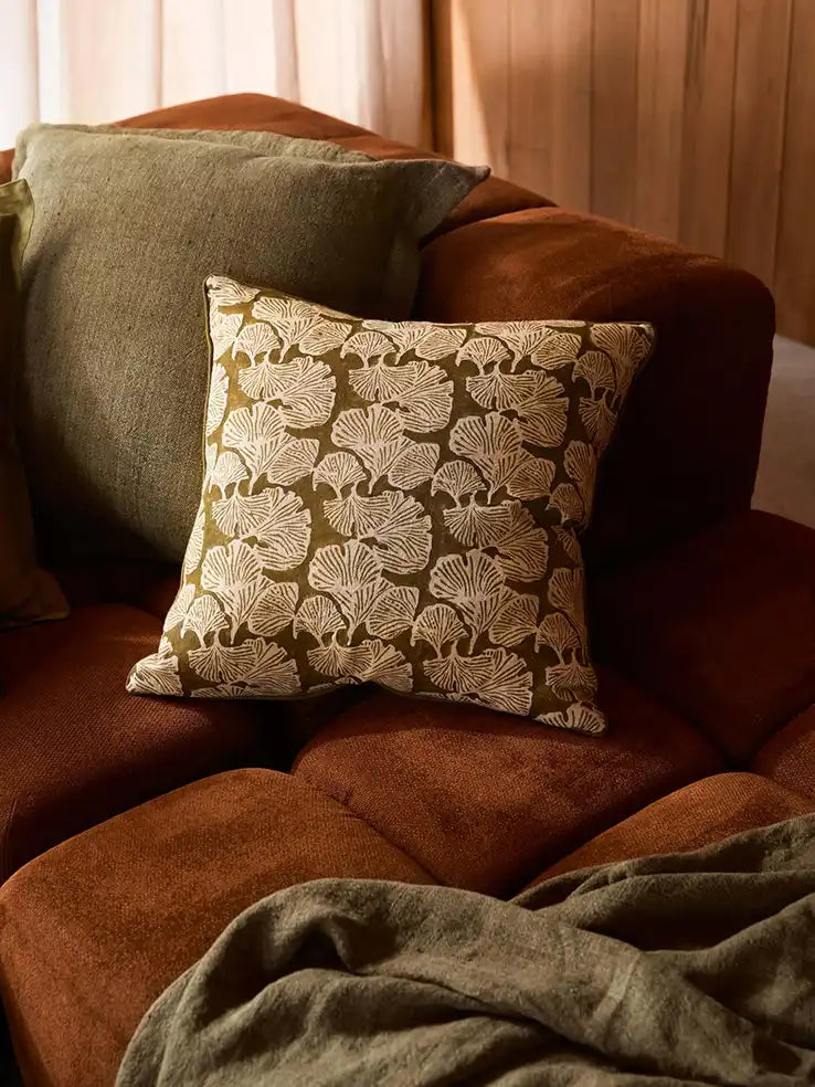 Ginkgo block printed linen cushion cover 50cm khaki