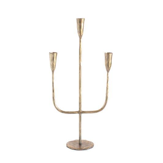 Hand forged candle holder 3 prong brass finish