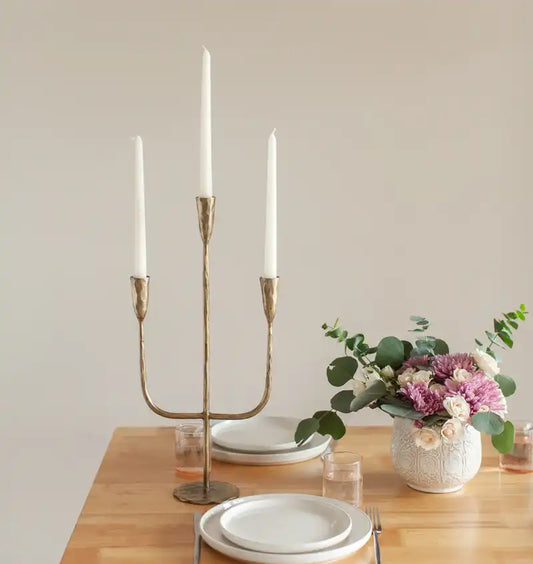 Hand forged candle holder 3 prong brass finish
