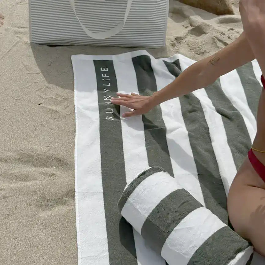 SunnyLife inflatable beach pillow olive stripe