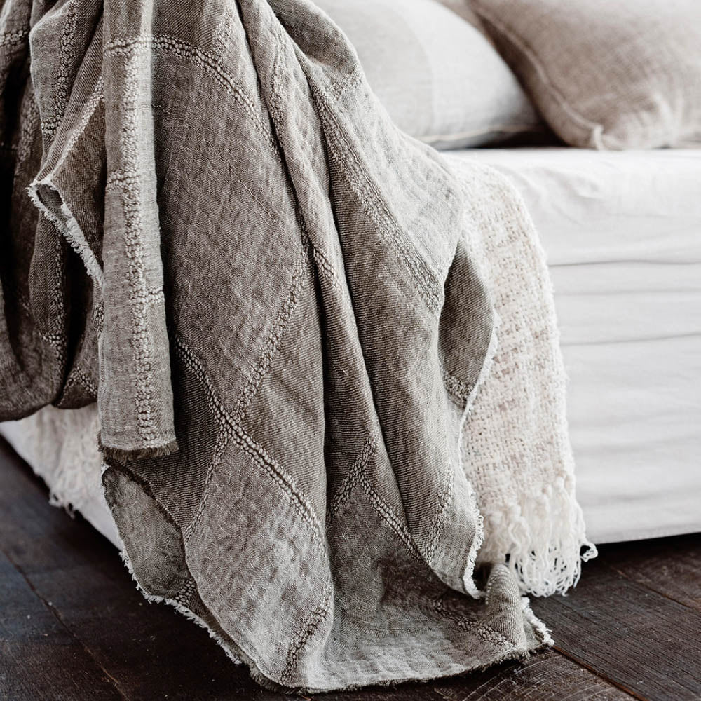 Kozo linen jacquard weave throw 140 x 200cm khaki