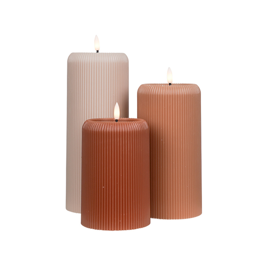 LED ribbed pillar candle taupe 25cm