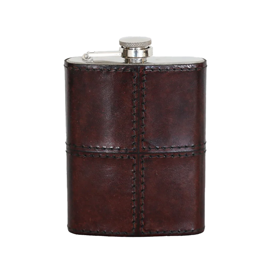 Stainless steel hip flask with brown leather case
