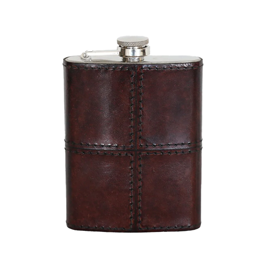 Stainless steel hip flask with brown leather case