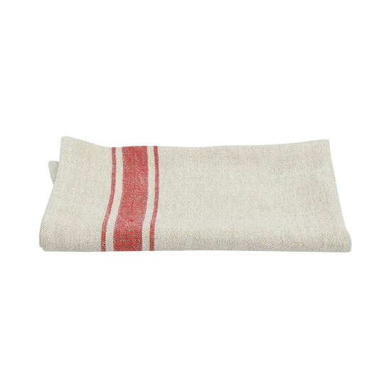 Linen natural striped tea towel red