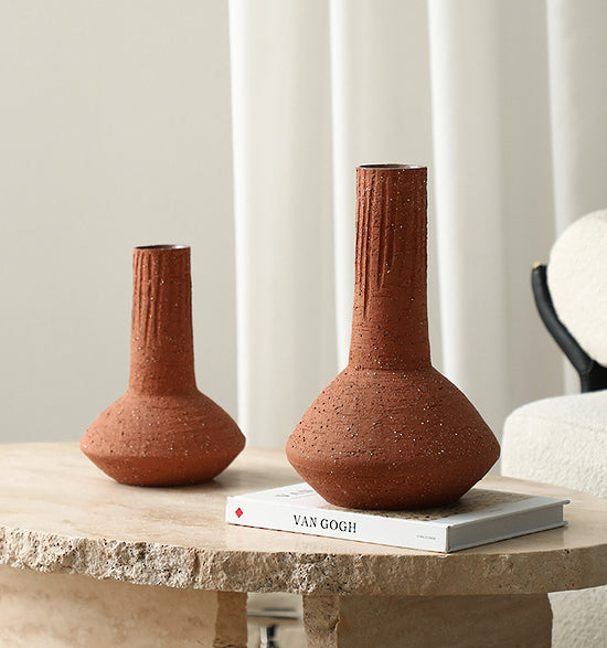 Textured long neck bottle vase 32cm  terracotta