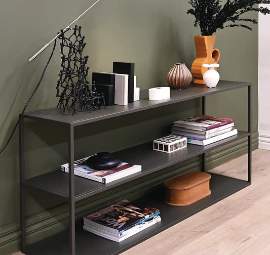 Low profile shelving unit 140cm olive