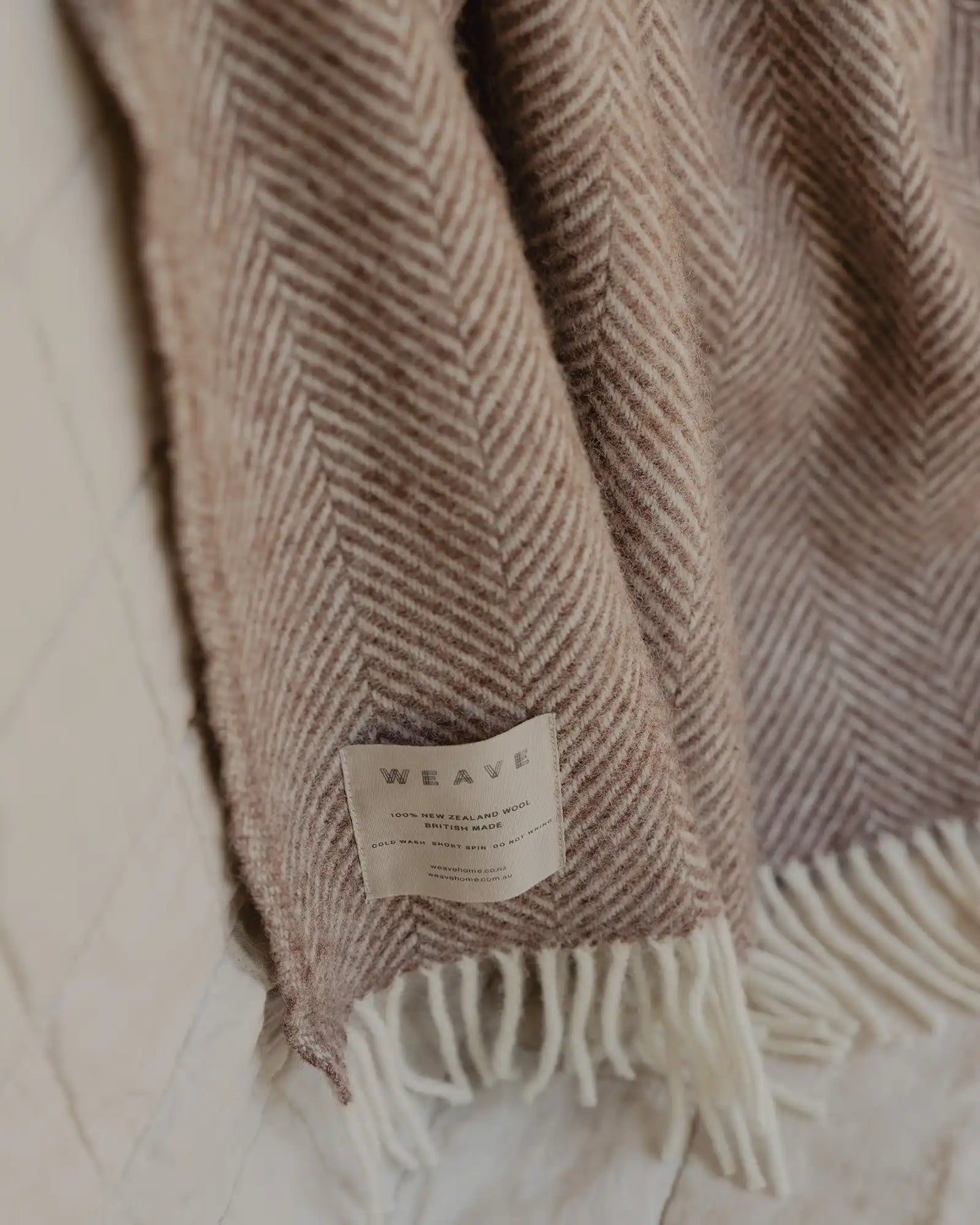 Magnus NZ lambswool herringbone blanket 150 x 183cm cocoa