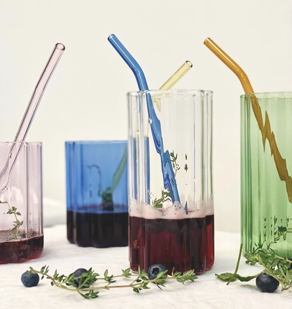 Multi coloured glass drinking straw set (6)