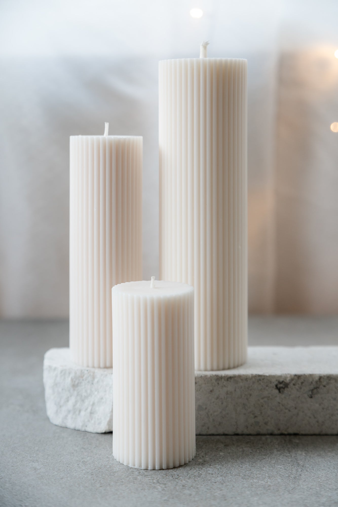 NZ made Racquel ridged pillar candle off-white