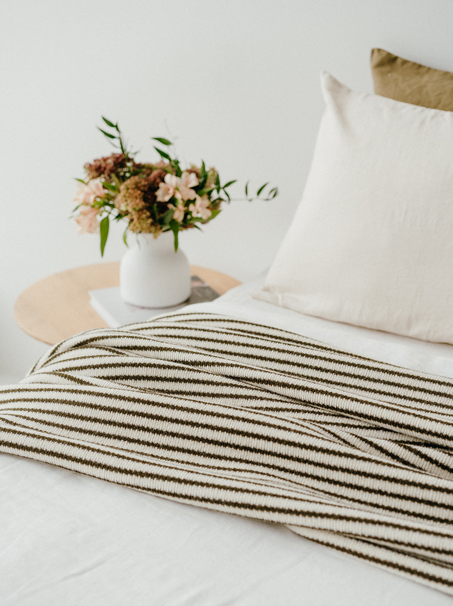 NZ made stripe lambswool throw 130 x 180cm olive