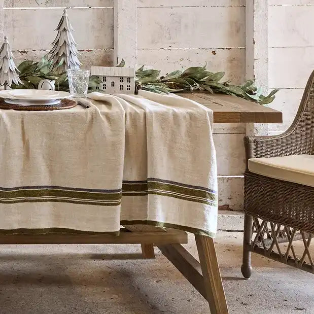 Natural heavy linen tablecloth with green selvedge 250cm