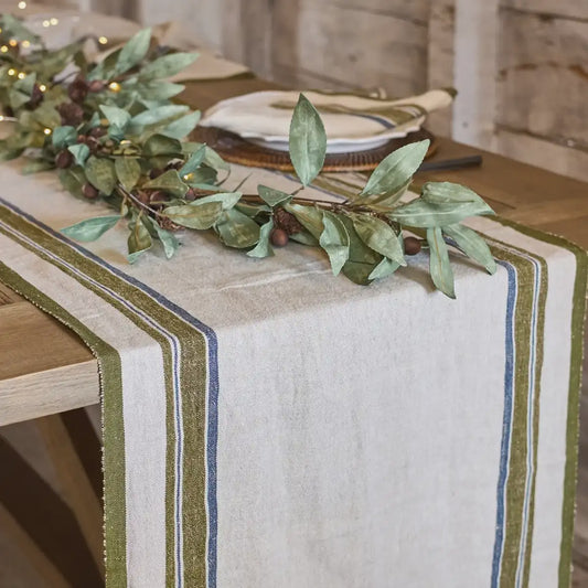 Natural heavy linen runner with selvedge green 180cm