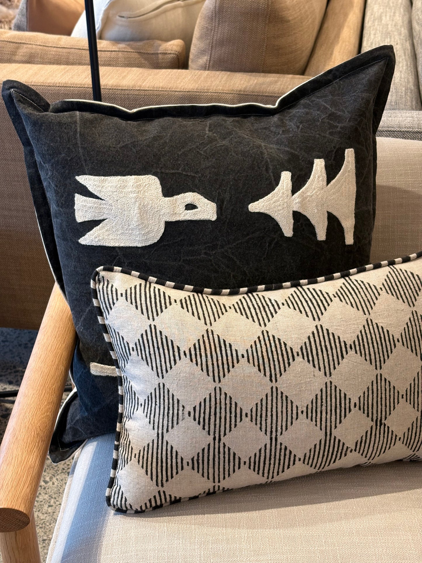 Quinn block print linen cushion cover 30 x 50cm black