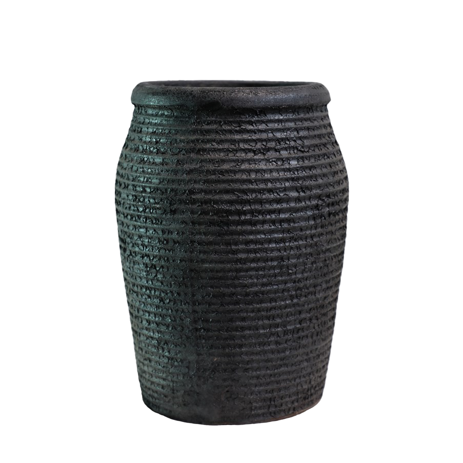 Ribbed earthenware aged vessel black 32cm