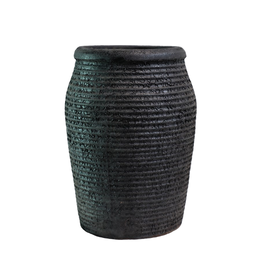 Ribbed earthenware aged vessel black 32cm