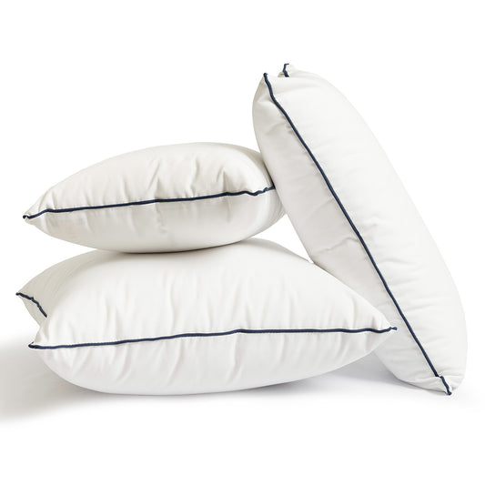 Outdoor white scatter cushion with navy piping 46cm square
