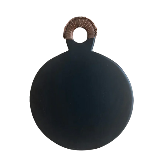 Round serving board with leather handle 36cm black