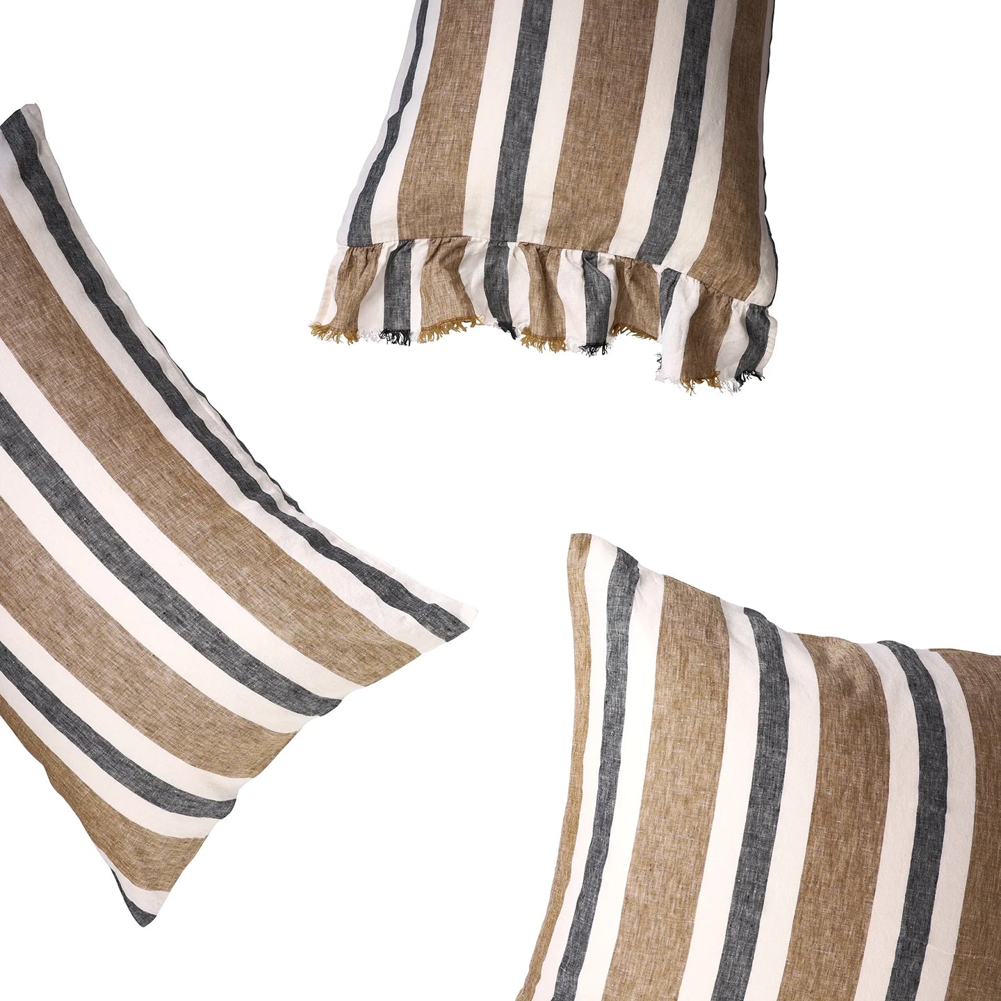 SOW taupe stripe linen pillowcase set with ruffle